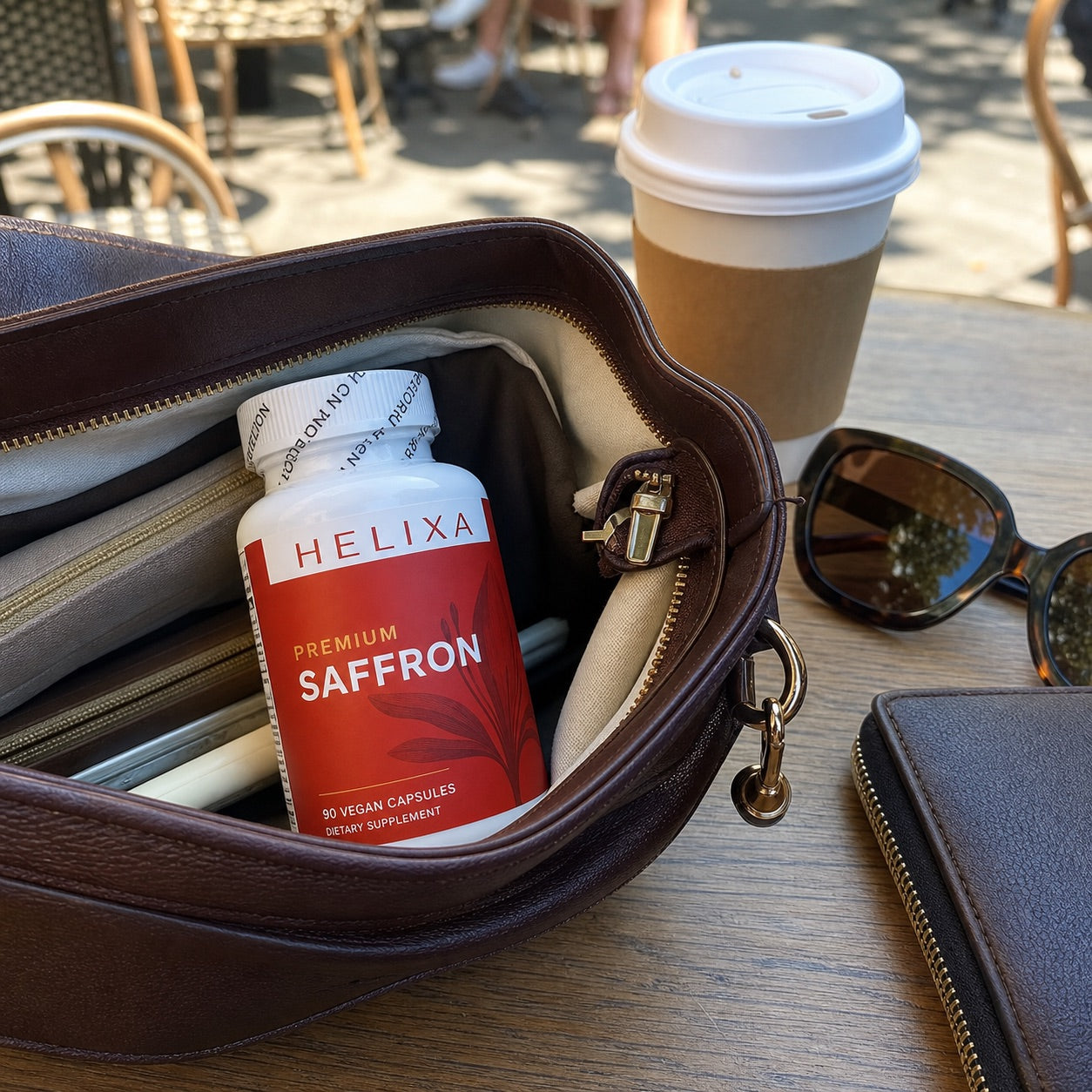 Helixa Premium Saffron bottle in a handbag at a cafe table