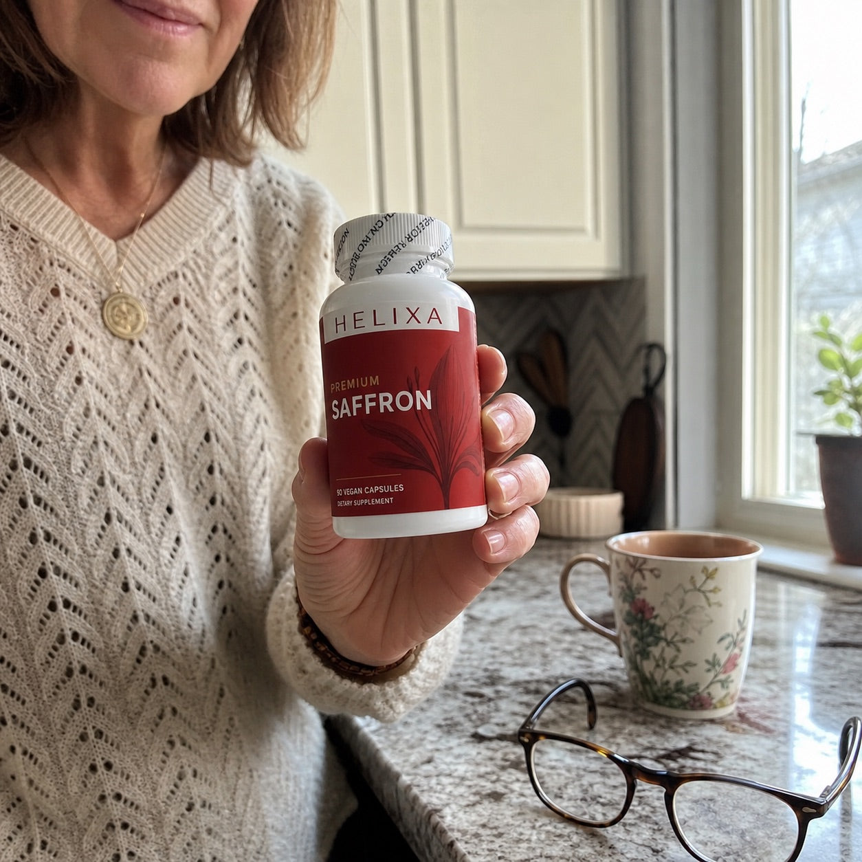 Helixa Premium Saffron bottle held in a home kitchen