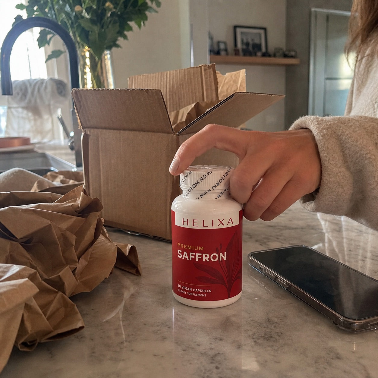 Helixa Premium Saffron bottle being unpacked at home