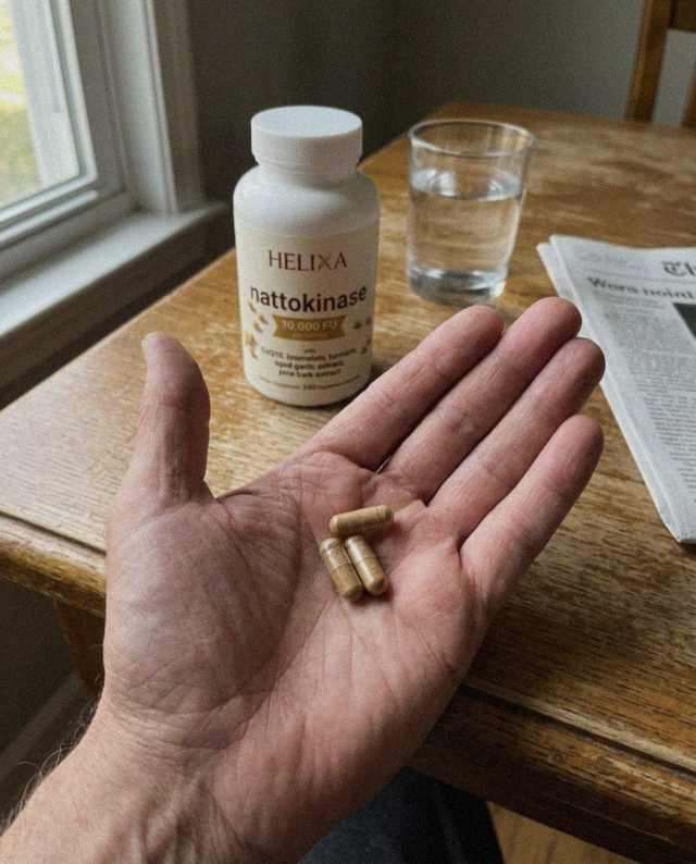 Three capsules in the palm at the breakfast table
