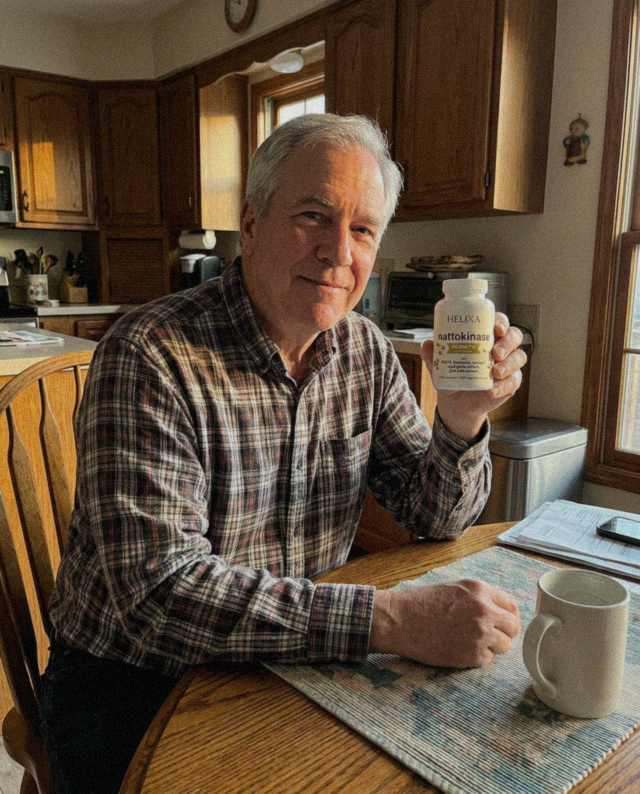 Customer showing the Helixa bottle at his kitchen table