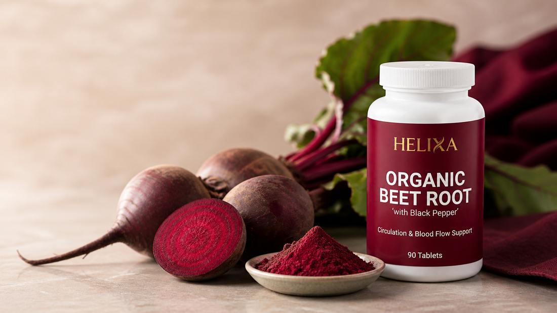 Helixa Organic Beet Root beside fresh beets and beet root powder