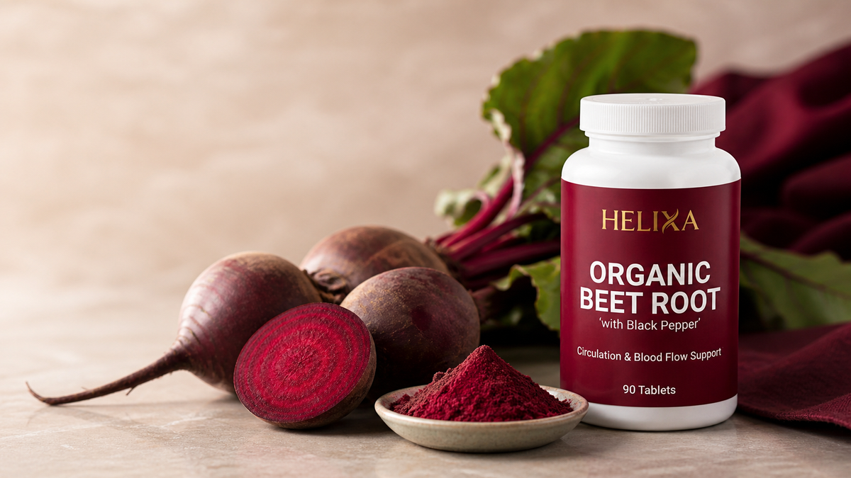 Helixa Organic Beet Root beside fresh beets and beet root powder