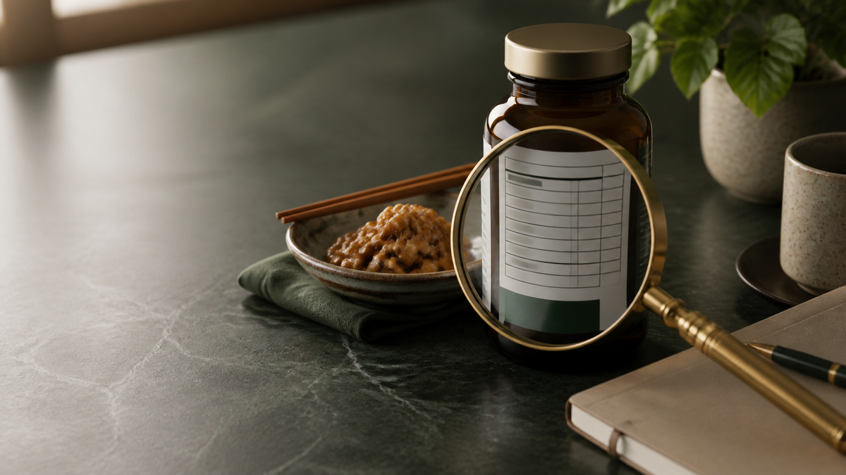 Nattokinase supplement label under a magnifying glass beside natto and a notebook