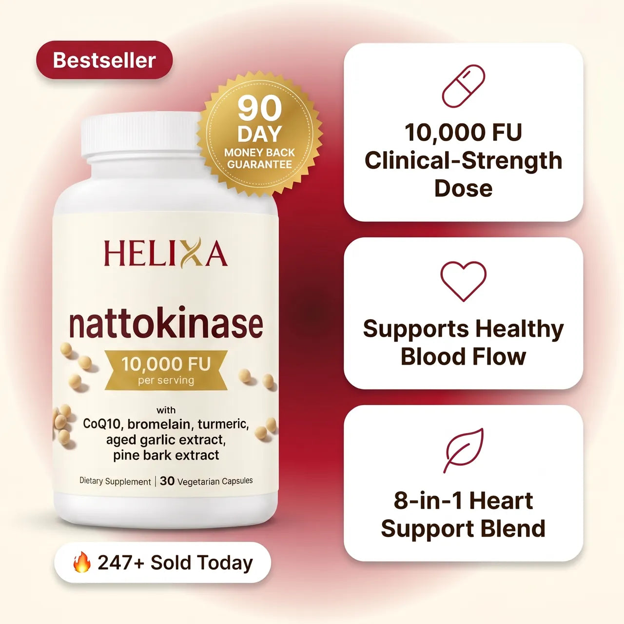 Helixa Nattokinase 10,000 FU — clinical-strength dose, supports healthy blood flow, 8-in-1 blend