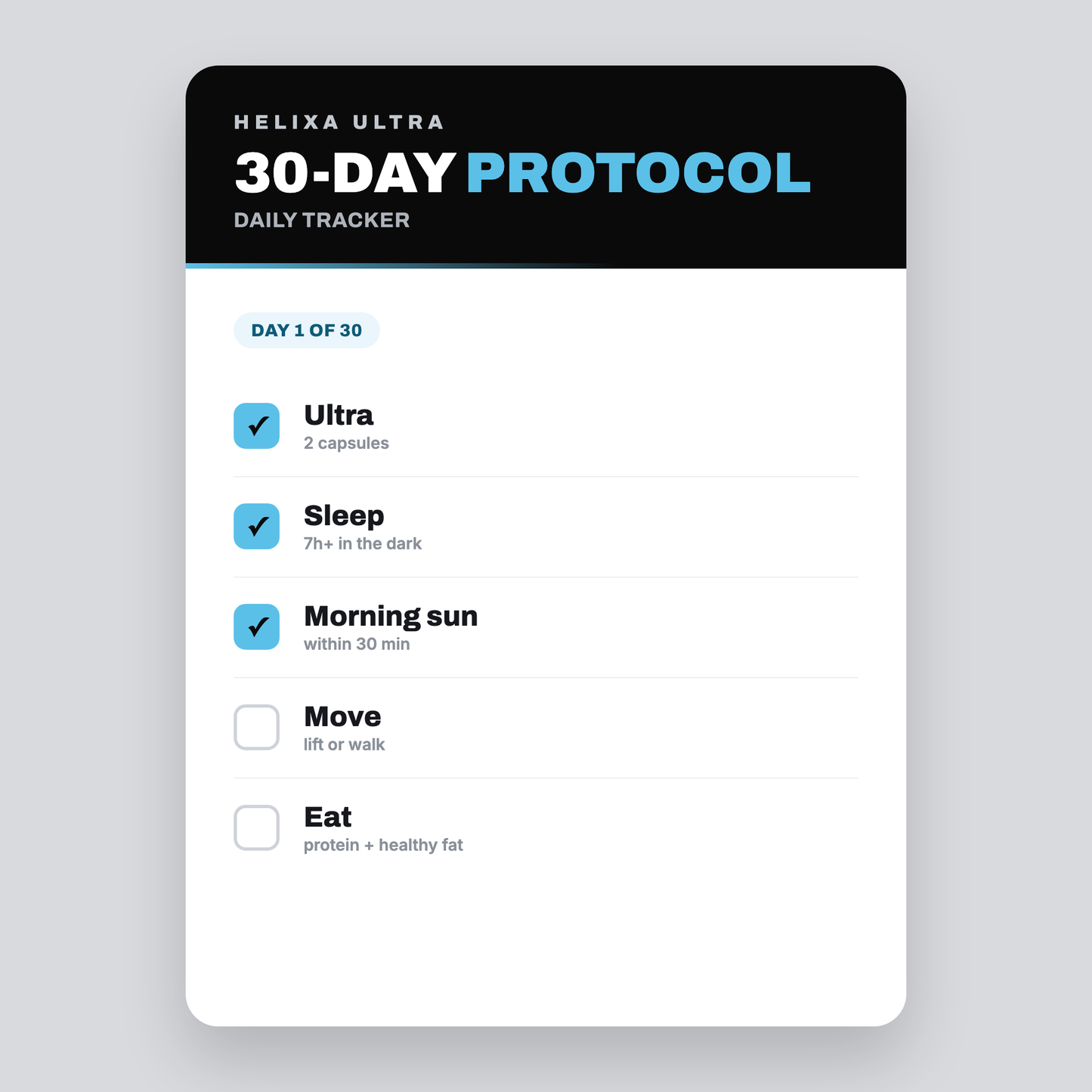 Helixa Ultra 30-Day Protocol tracker card