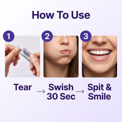 How to use Helixa Purple Mouthwash: tear, swish 30 seconds, spit and smile
