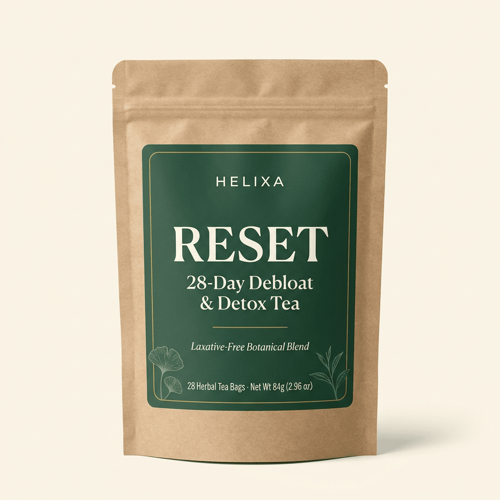 Helixa Reset 28-Day Debloat & Detox Tea kraft pouch — 28 tea bags, net wt 84g