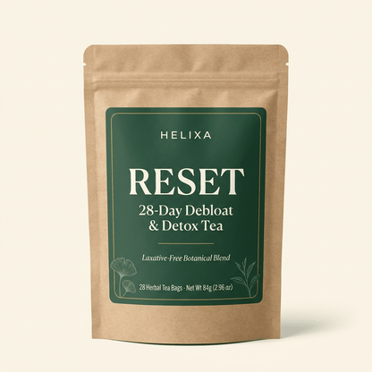 Helixa Reset 28-Day Debloat & Detox Tea kraft pouch — 28 tea bags, net wt 84g