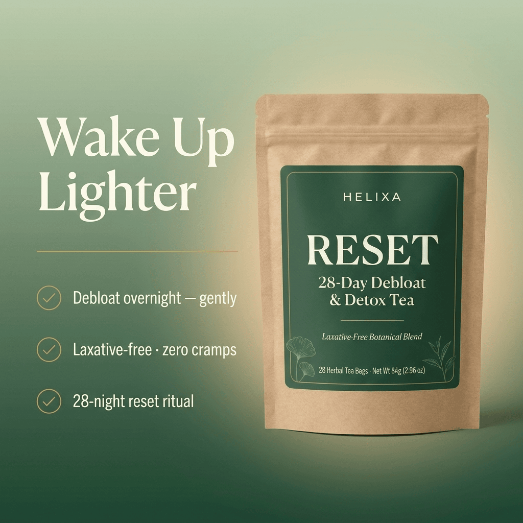 Wake up lighter — Helixa Reset 28-night debloat tea, laxative-free botanical blend