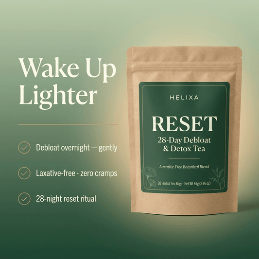 Wake up lighter — Helixa Reset 28-night debloat tea, laxative-free botanical blend
