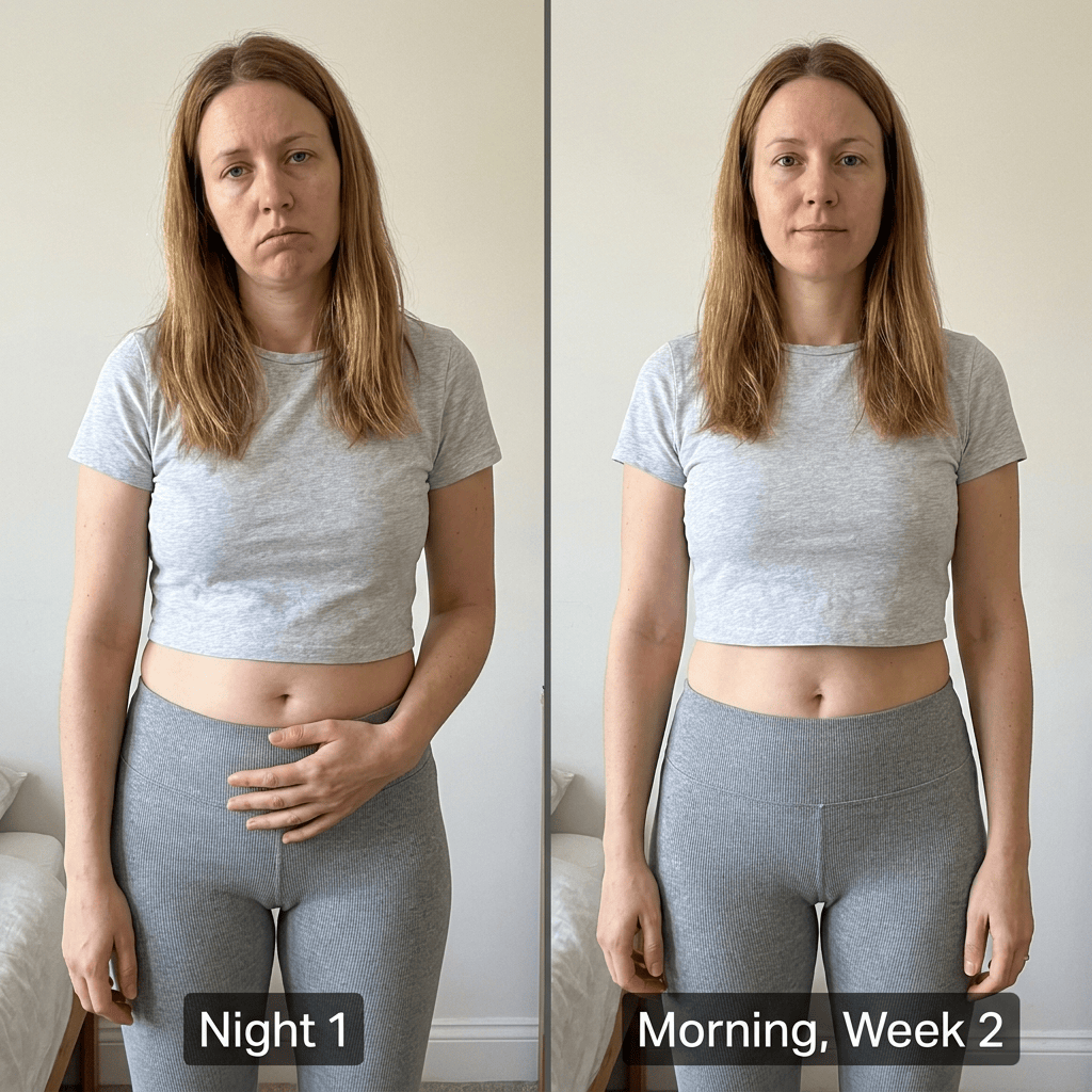 Before and after the 28-night Helixa Reset program — flatter, lighter midsection