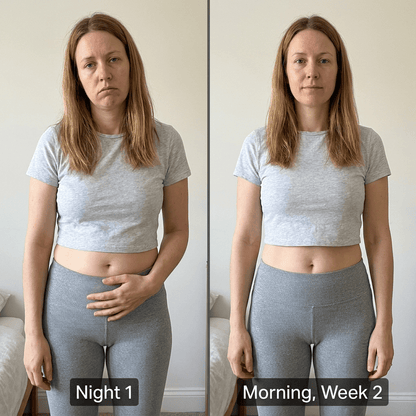 Before and after the 28-night Helixa Reset program — flatter, lighter midsection
