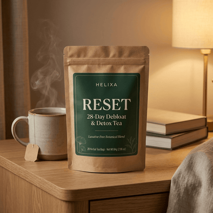 Evening wind-down ritual — a cup of Helixa Reset after dinner