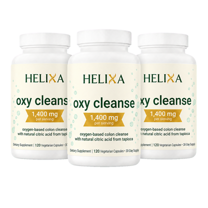 Oxy Cleanse Buy 2 Get 1 Free, three official HELIXA bottles, transparent background