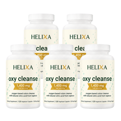 Oxy Cleanse Buy 3 Get 2 Free, five official HELIXA bottles, transparent background