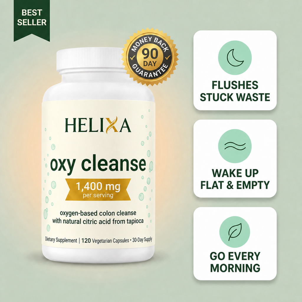 Oxy Cleanse 120 capsule hero with official serif HELIXA gold-X bubble bottle