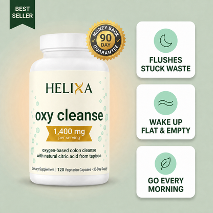 Oxy Cleanse 120 capsule hero with official serif HELIXA gold-X bubble bottle