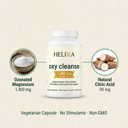 Oxy Cleanse ingredients with official serif HELIXA gold-X bubble bottle