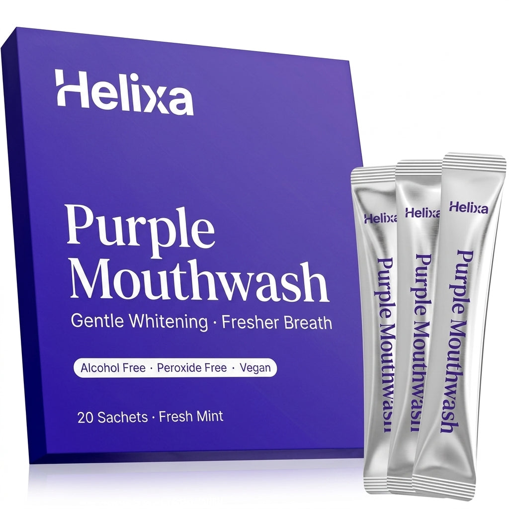 Helixa Purple Mouthwash box with 20 fresh mint sachets