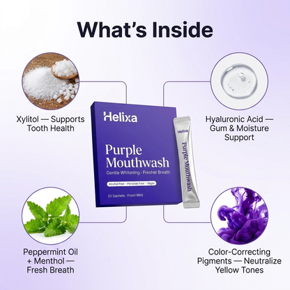 What's inside Helixa Purple Mouthwash: xylitol, hyaluronic acid, peppermint oil, color-correcting pigments