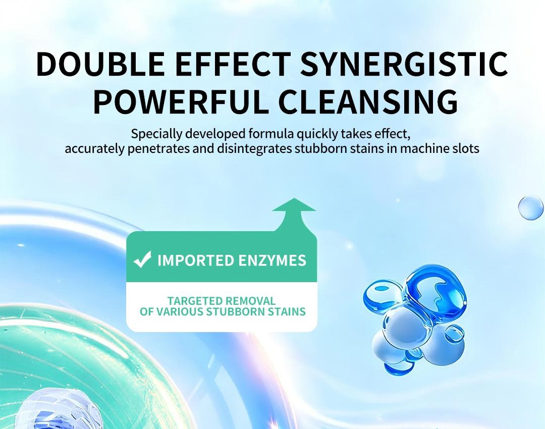 Dual-enzyme formula dissolves stubborn buildup deep inside the machine