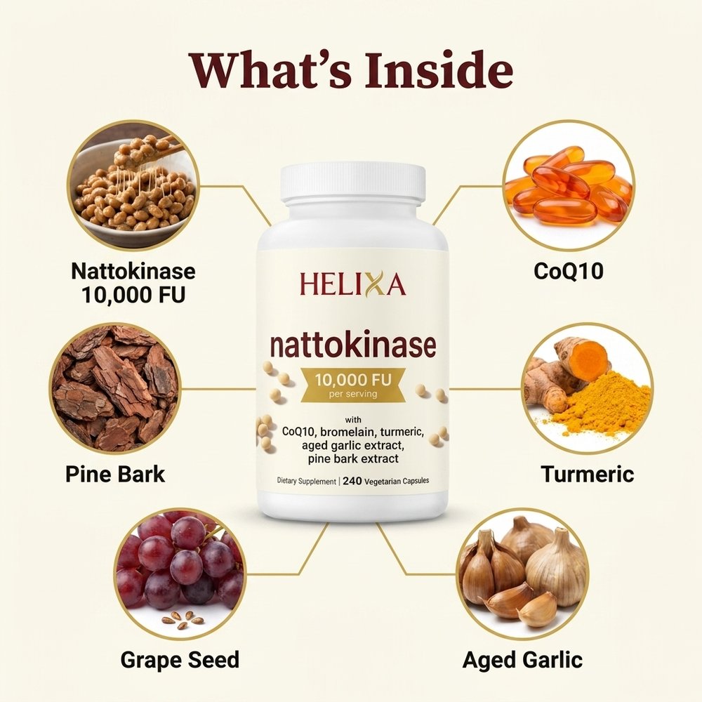 What's inside: nattokinase 10,000 FU, CoQ10, turmeric, aged garlic, grape seed, pine bark
