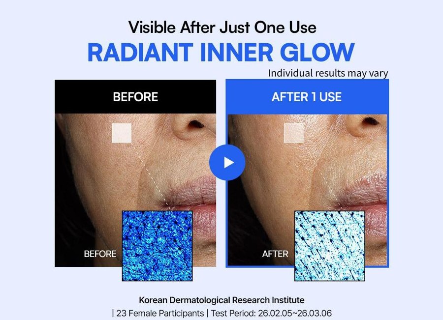 Visible radiant glow before and after one use