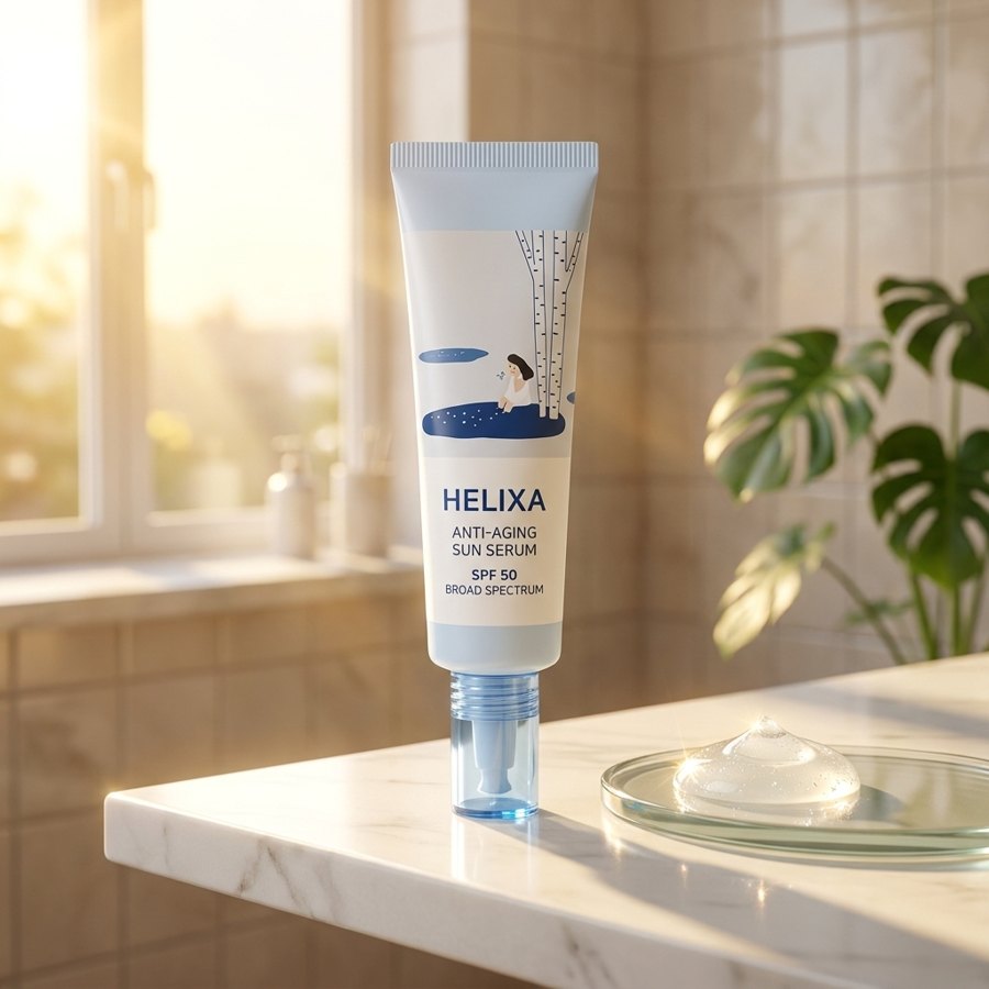 Helixa sun serum in the morning light — protection and skincare in one step