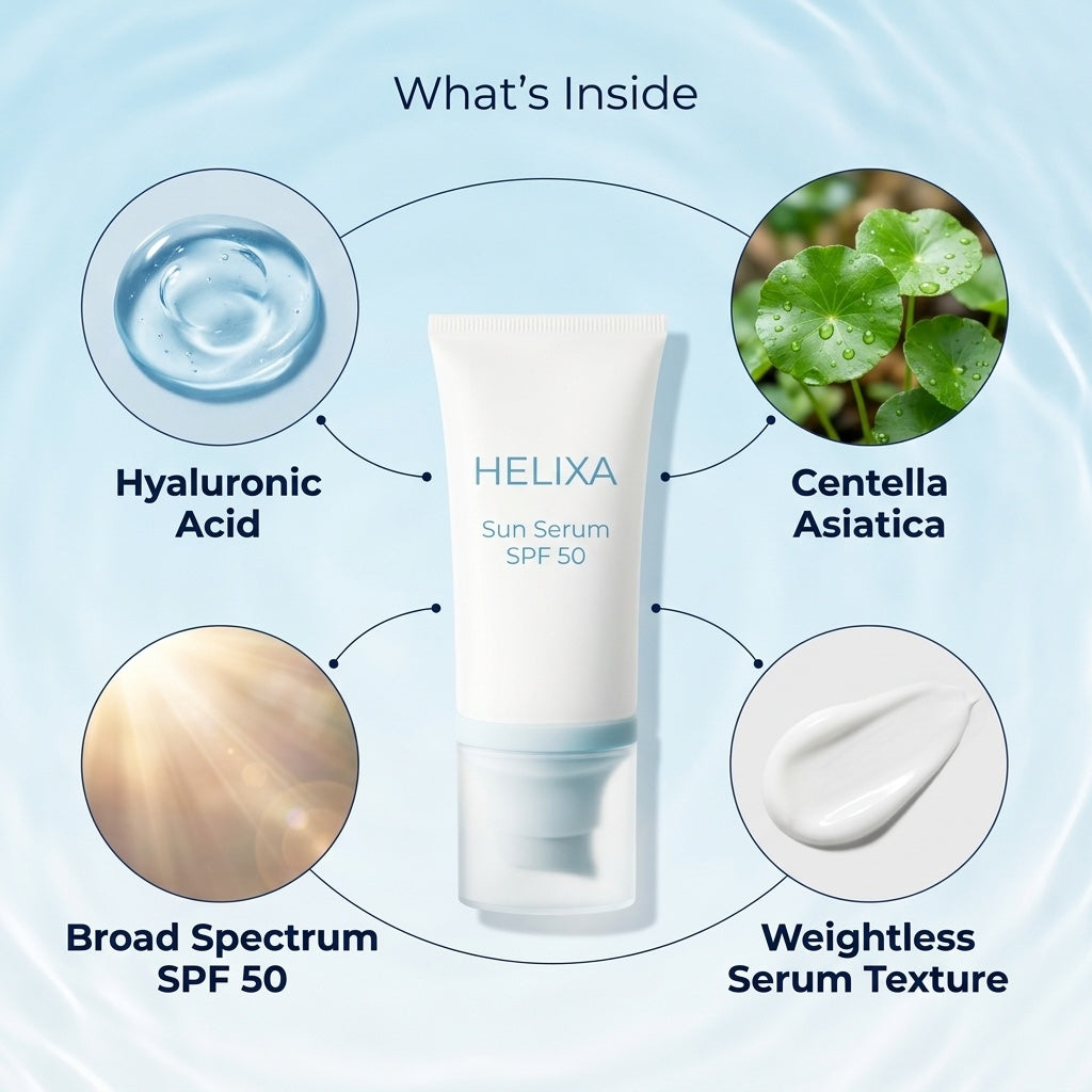 Whats inside: Hyaluronic Acid, Centella Asiatica, Broad Spectrum SPF 50, weightless serum texture