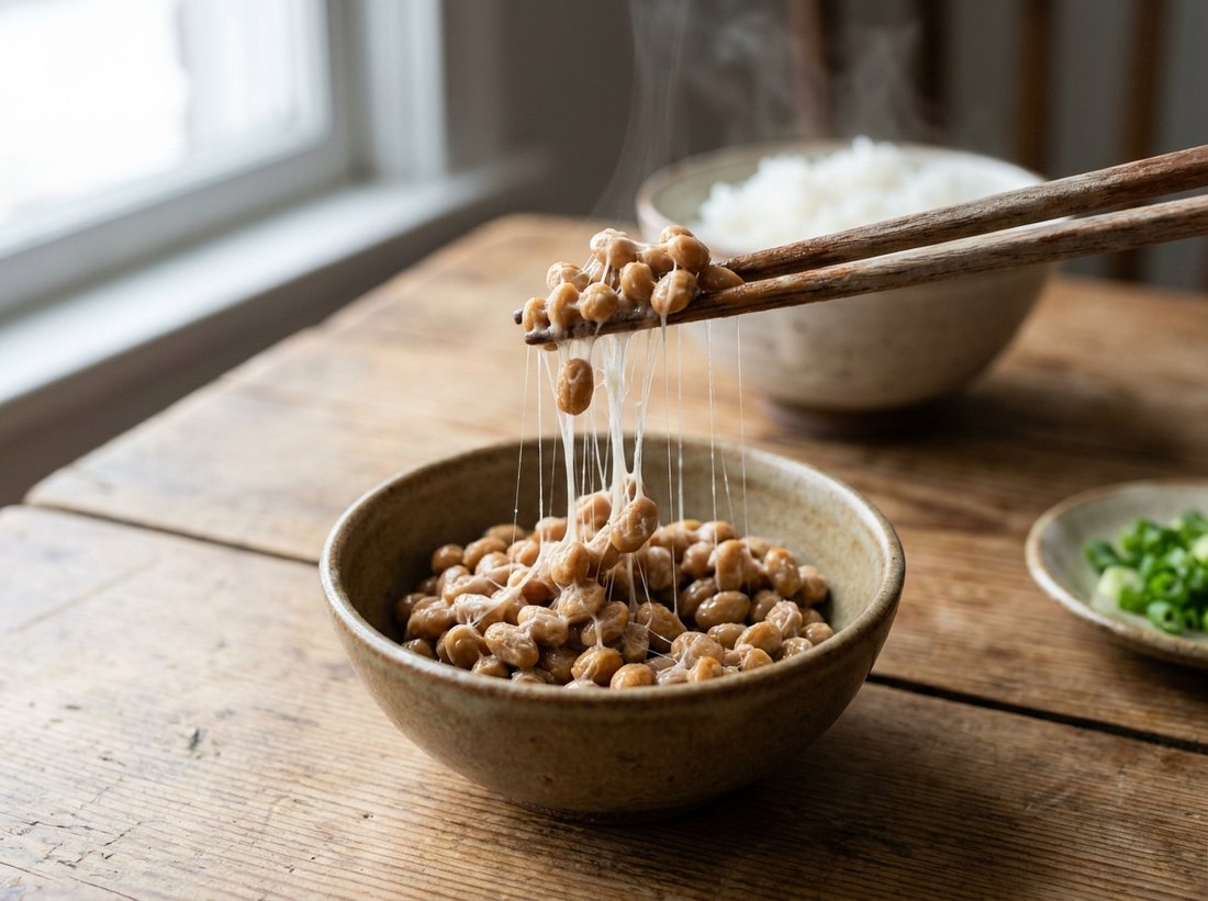 Traditional sticky natto with chopsticks